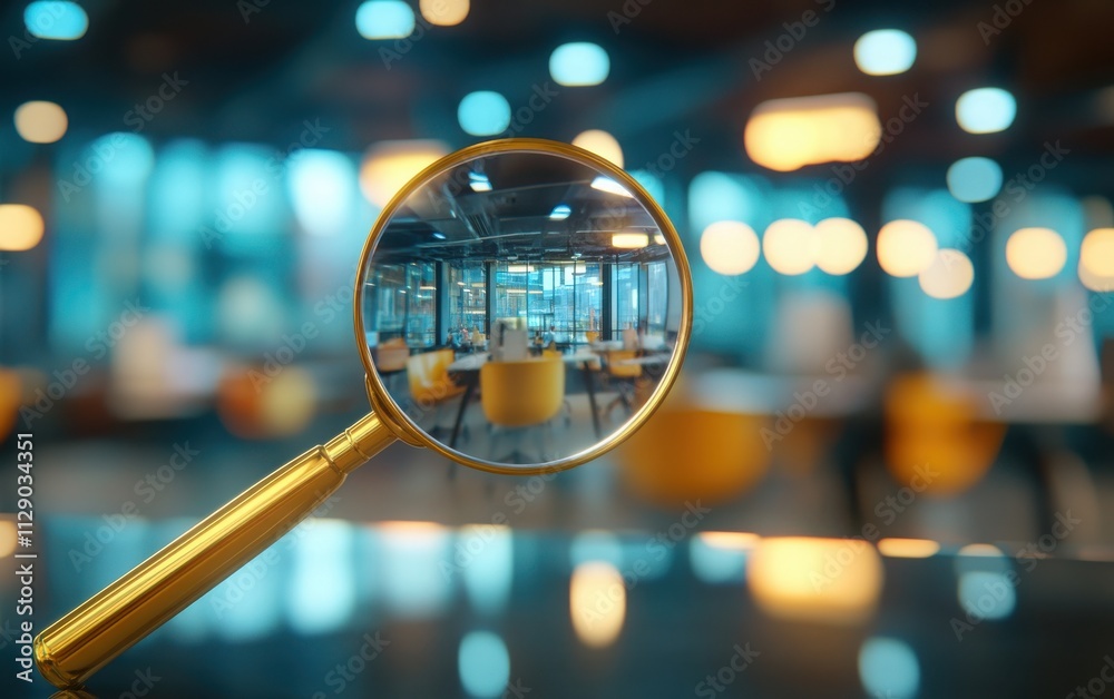 A focused magnifying glass on a person icon within an office background, representing a human resources concept of tracking or hunting a help desk worker by a customer service team A focused magnifying glass on a person icon within an office background, representing a human resources concept of tracking or hunting a help desk worker by a customer service team