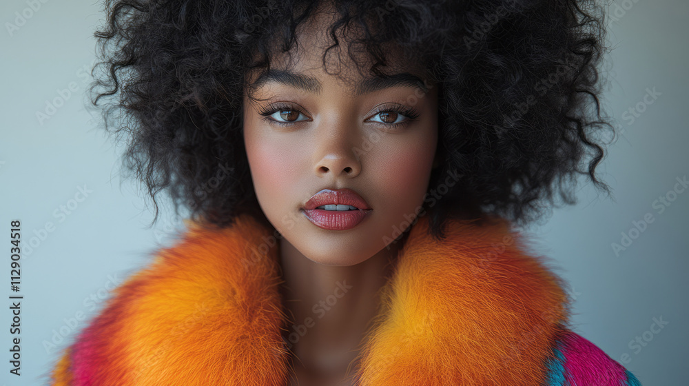 A vibrant shot of a model wearing a colorful faux fur jacket, standing confidently with text highlighting the eco-friendly and animal-friendly alternative, A vibrant shot of a model wearing a colorful faux fur jacket, standing confidently with text highlighting the eco-friendly and animal-friendly alternative,