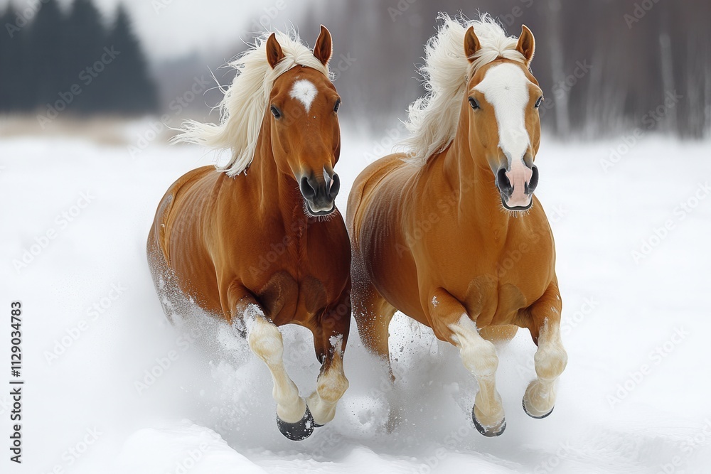 Horses galloping through deep snow in a winter landscape under a clear sky during a serene afternoon Horses galloping through deep snow in a winter landscape under a clear sky during a serene afternoon