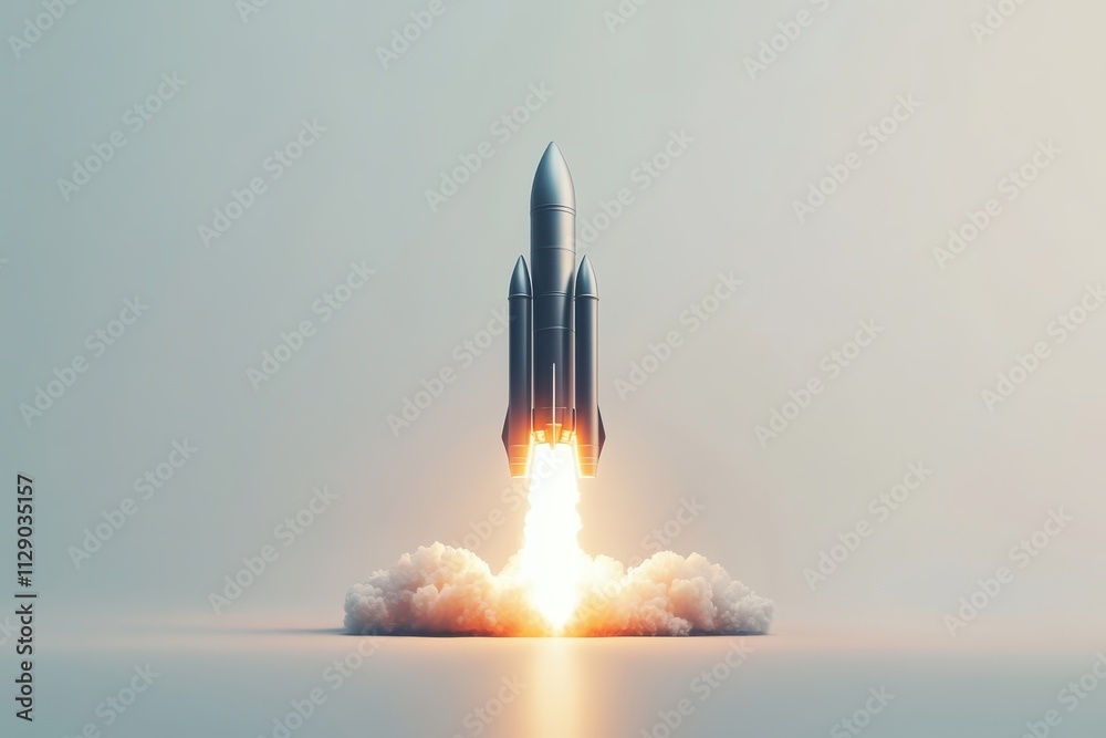 Naklejka premium 3D rocket launching with sleek metallic design and vivid flames