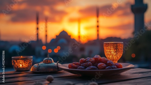 Dates, tea, and candlelight at sunset with mosque silhouette. photo