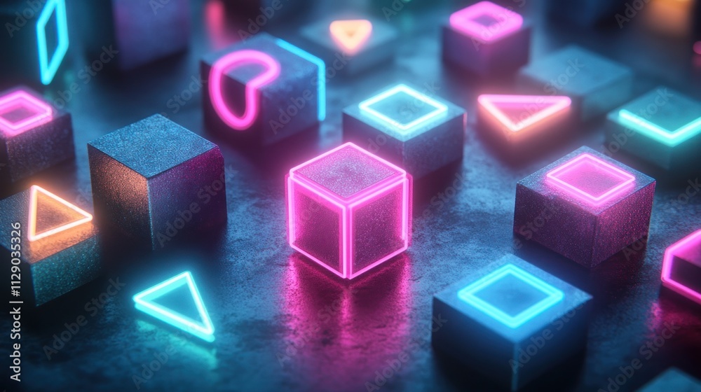 Neon Geometric Abstract Art: Cubes, Shapes, and Glowing Lines