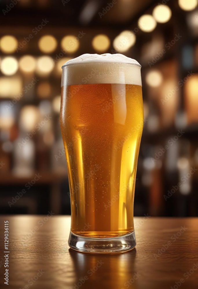 Golden beer in pint glass, bokeh pub background, frothy, photography, alcohol