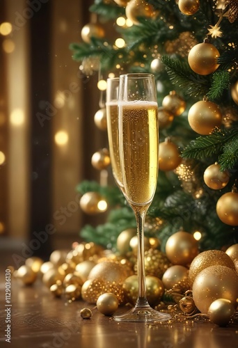 Golden champagne bubbles, ornate Christmas tree bokeh, decoration, holiday cheer, champagne