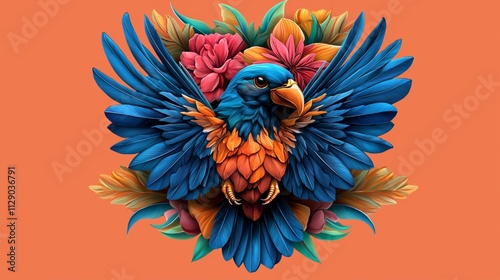 Vibrant Blue and Orange Bird Against Floral Background with Colorful Wings and Detailed Feathers, Perfect for Nature and Wildlife Themes in Creative Projects