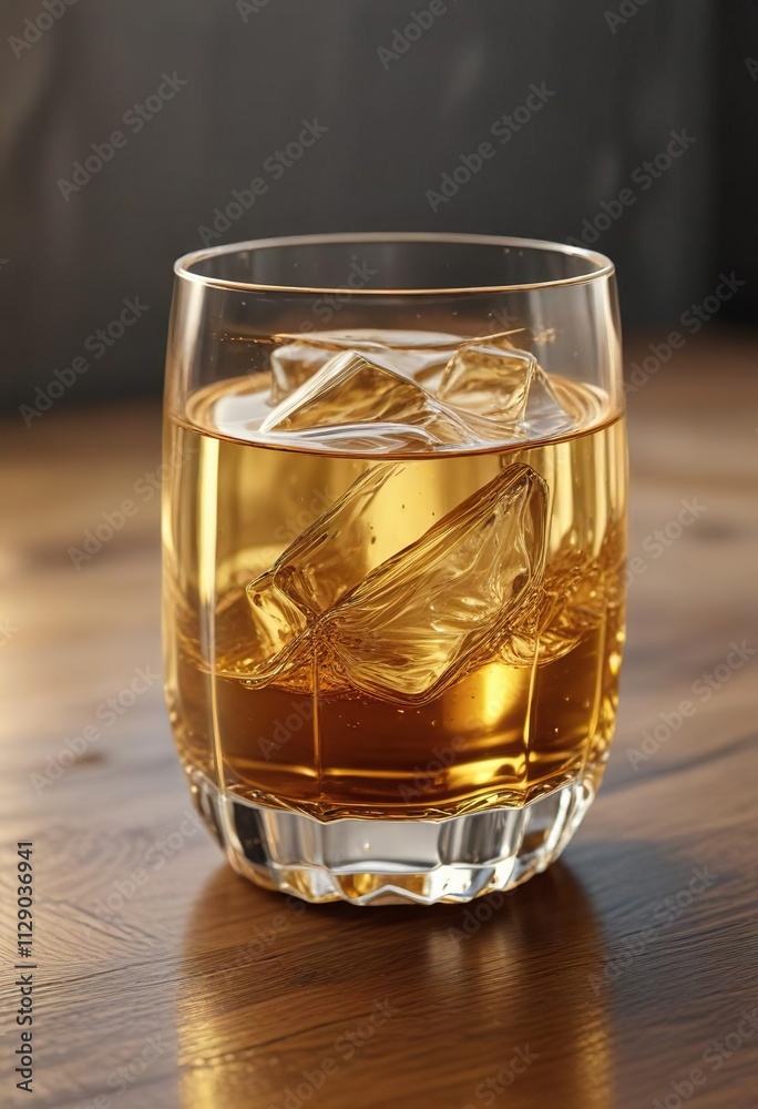 Golden liquid in crystal glass, wooden surface,  bar,  close up