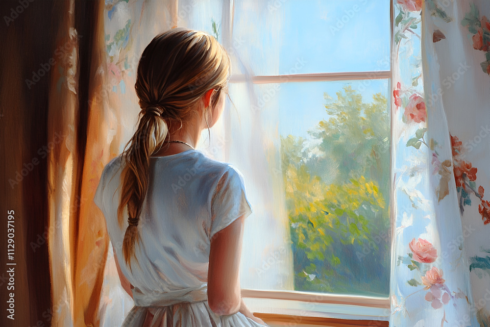 oil painting , a girl looks out the window at a beautiful landscape