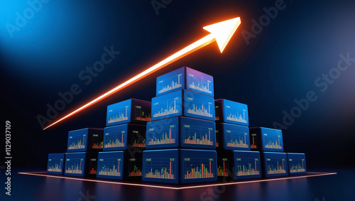 Glowing arrow and stack of blocks with blurry diagrams on dark blue background.