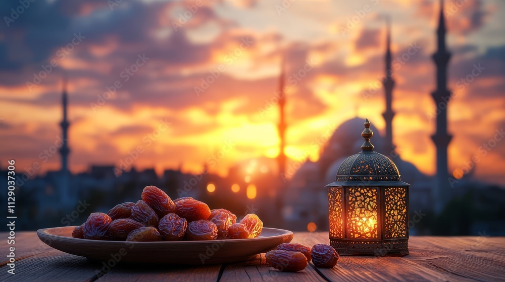 Dates and lantern at sunset with mosque in background. (2)
