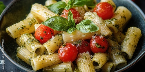 Delicious rigatoni pasta with fresh basil and cherry tomatoes served in a black bowl with a green pesto sauce on a wooden table