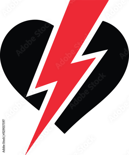 A black heart with a red lightning bolt vector on white background.