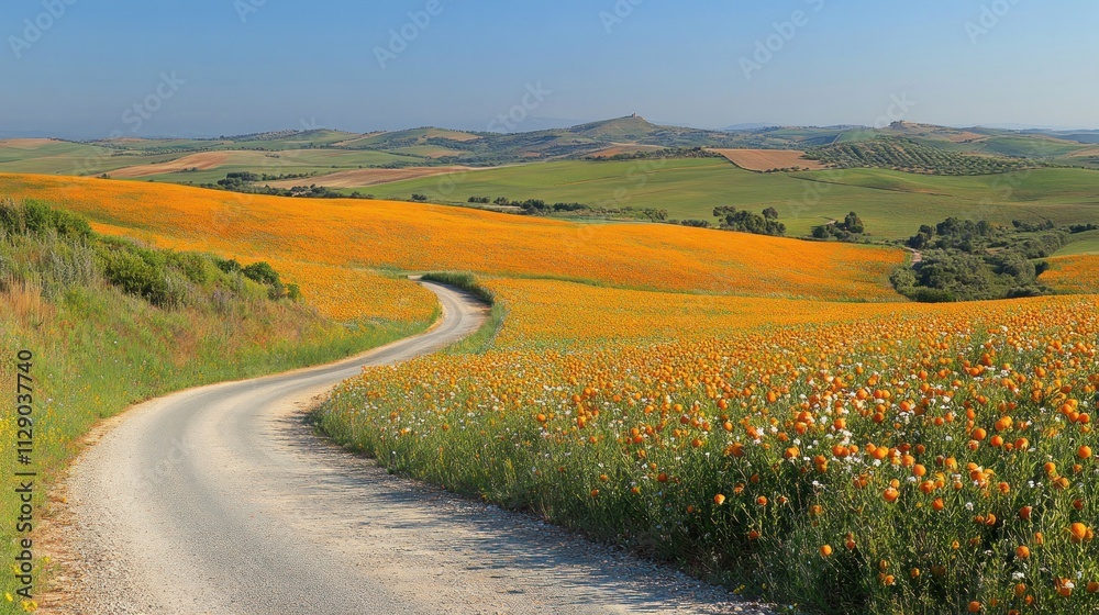 Naklejka premium Serene Countryside Road Winding Through a Vibrant Orange Flower Field