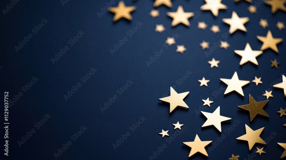 A minimalist and modern design of overlapping American flag textures with metallic golden stars scattered across a deep navy background, A minimalist and modern design of overlapping American flag textures with metallic golden stars scattered across a deep navy background,