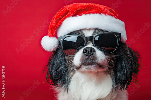 Merry Christmas holiday concept - Cool Santa Claus dog wearing sunglasses and a Santa hat, perfect for a winter pet greeting card, isolated on a red background