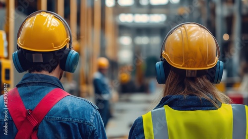 Construction workers with hearing protection, focused on tasks in noisy environment