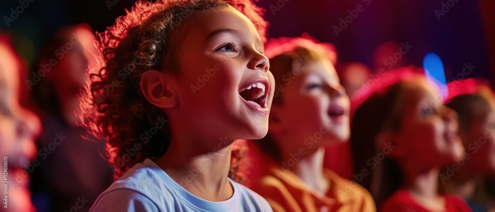 Children in theater, filled with awe, watching live performance with excitement Children in theater, filled with awe, watching live performance with excitement