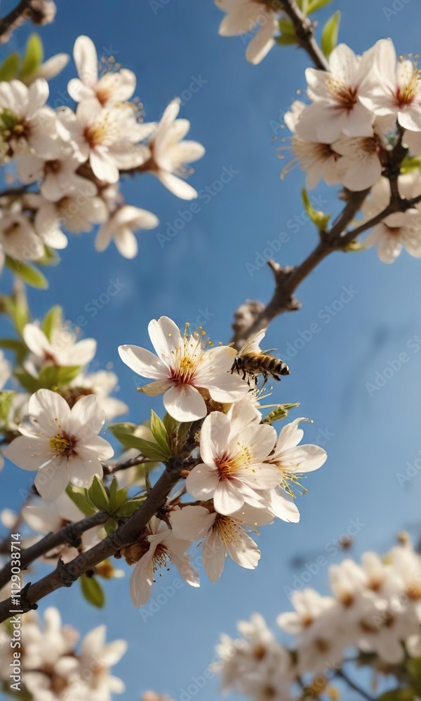 Obraz premium Aerial view of a flying bee collecting nectar from apricot flowers, apricot tree, nectar
