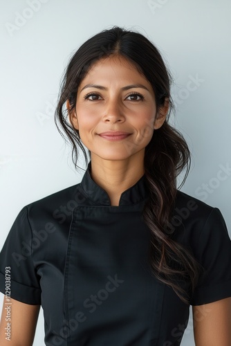 Chef smiles confidently in kitchen setting while wearing a black uniform showcasing dedication to culinary arts and personal style