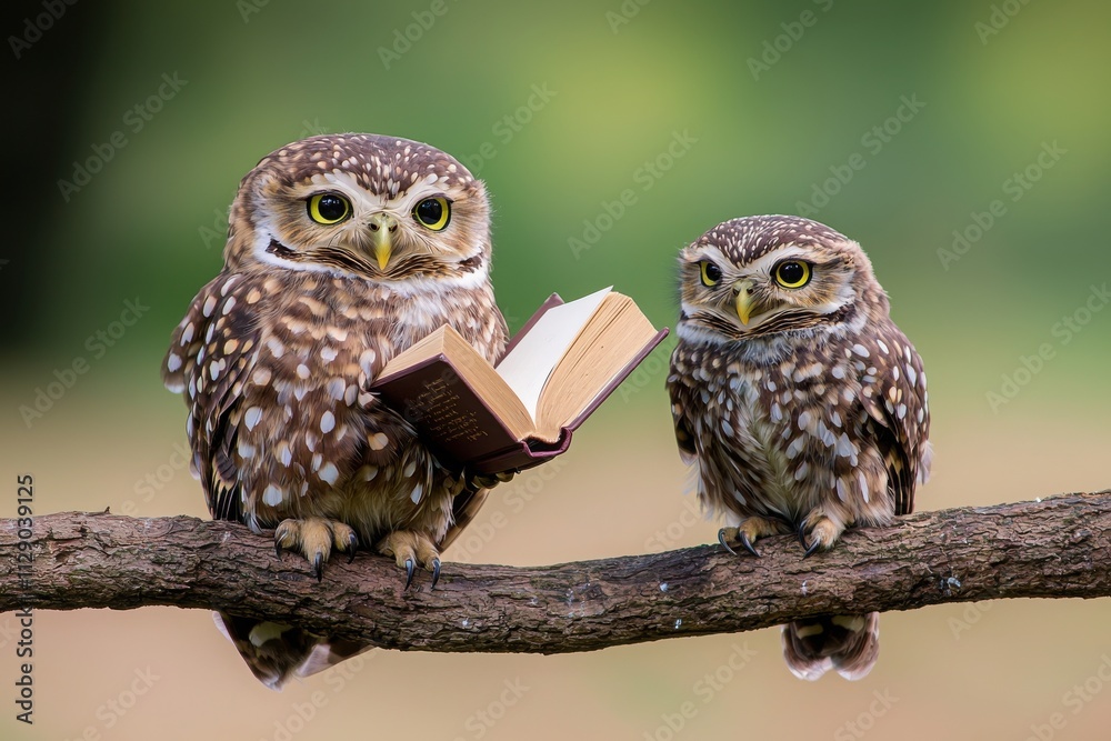 Two owls perched on a branch with a small book, showcasing curiosity and intelligence. Two owls perched on a branch with a small book, showcasing curiosity and intelligence.