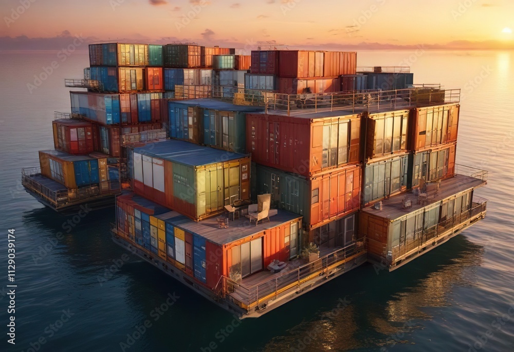 Fototapeta premium Aerial view of a luxurious floating apartment made from shipping containers during vibrant sunset, clouds, house, sunset