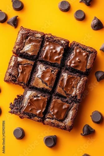 Deliciously rich brownies topped with melted chocolate chunks on a vibrant yellow background photo