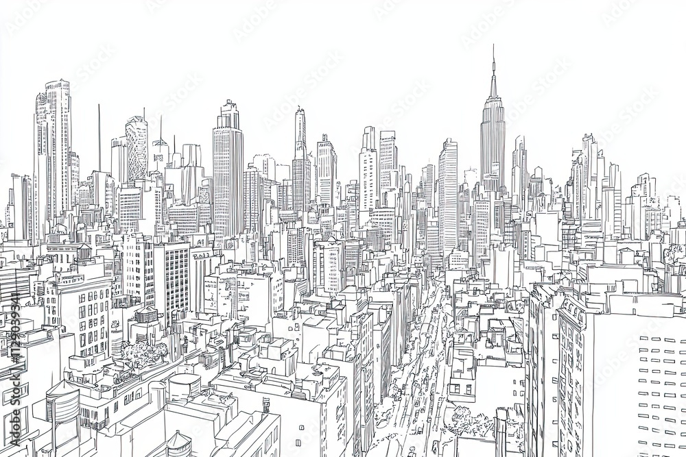 Naklejka premium Sketch of a City Skyline Featuring Many Tall Buildings