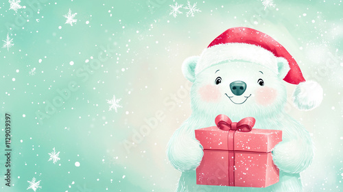 A smiling polar bear wearing a Santa hat and holding a festive gift box, set against a soft pastel background with a whimsical holiday vibe.