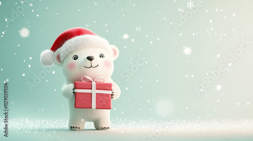 A smiling polar bear wearing a Santa hat and holding a festive gift box, set against a soft pastel background with a whimsical holiday vibe.
