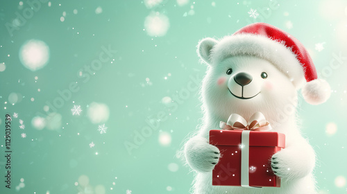 A smiling polar bear wearing a Santa hat and holding a festive gift box, set against a soft pastel background with a whimsical holiday vibe.