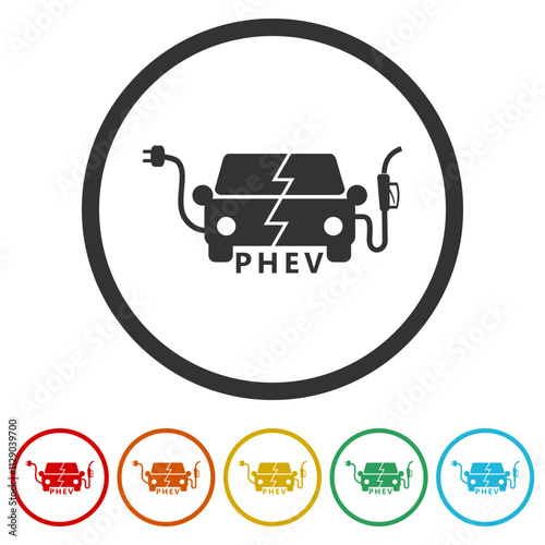 Plug in hybrid electric vehicles icon. Set icons in color circle buttons