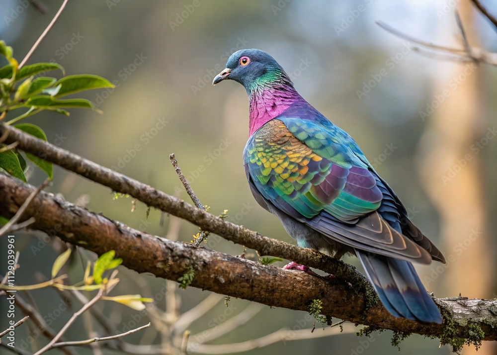 Obraz premium Iridescent Pigeon Perched on a Branch with Unique Plumage, Captured in a Natural Setting, Perfect for Nature Lovers and Bird Enthusiasts, with Ample Copy Space for Text Overlay