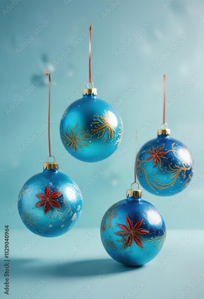 Hand-painted glass Christmas ornaments on a light blue background, hand-painted, decoration, row