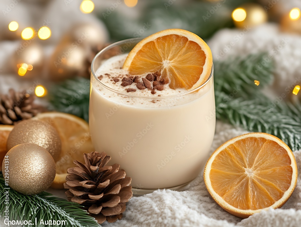 Festive Eggnog Drink with Orange Garnish and Christmas Decor