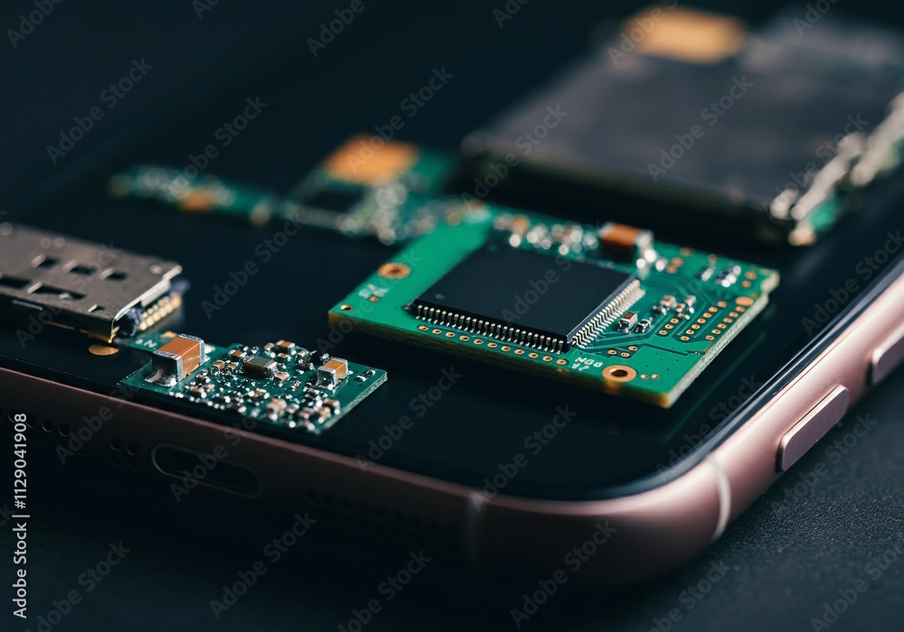 Tiny chips and circuit boards float around the phone, symbolizing the powerful technology inside it. Tiny chips and circuit boards float around the phone, symbolizing the powerful technology inside it.