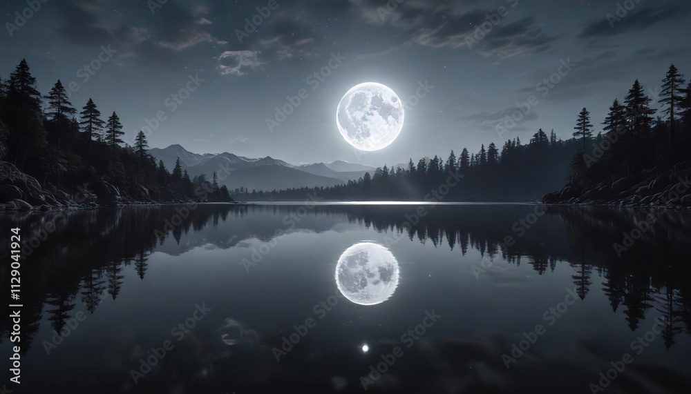 A full moon casts a silvery glow on the calm waters of a serene lake, creating an otherworldly atmosphere as the ripples reflect its luminescent beams, lunar light, nighttime scene A full moon casts a silvery glow on the calm waters of a serene lake, creating an otherworldly atmosphere as the ripples reflect its luminescent beams, lunar light, nighttime scene