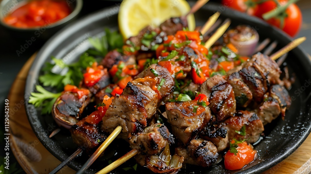 A rustic dish with a delicious fried mutton shish kebab with aubergine topped with hot tomato relish and lemon A rustic dish with a delicious fried mutton shish kebab with aubergine topped with hot tomato relish and lemon