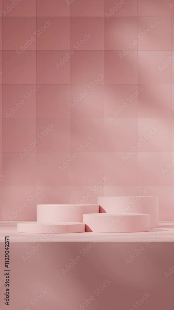 scene mockup bright pink color podium of with looping seamless shadow animation square texture wall, 3d render footage vertical frame