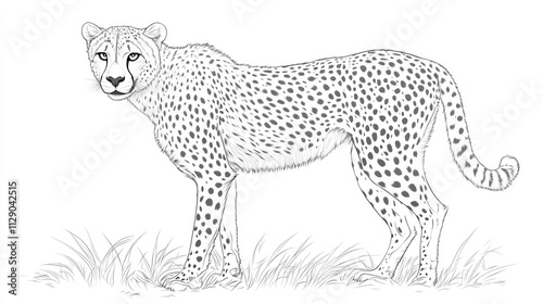 A detailed line drawing of a cheetah standing in grass. photo