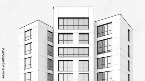 Minimalist highrise blueprint, sleek geometric focus, monochromatic detailed rendering, urban skyline project, architectural precision