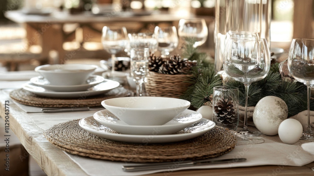 Festive table setting with a rustic, natural theme Festive table setting with a rustic, natural theme