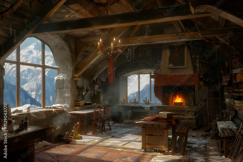 Cozy attic interior with a fireplace, books, and mountain views. Cozy attic interior with a fireplace, books, and mountain views.