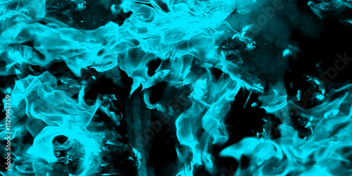 Whiffs of Blue glowing smoke and swirls of aromatic colorful incense against a Black background. Grunge image paint background texture wallpaper art frame