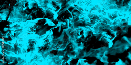 Whiffs of Blue glowing smoke and swirls of aromatic colorful incense against a Black background. Grunge image paint background texture wallpaper art frame