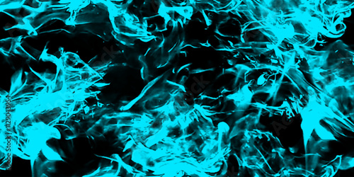 Whiffs of Blue glowing smoke and swirls of aromatic colorful incense against a Black background. Grunge image paint background texture wallpaper art frame