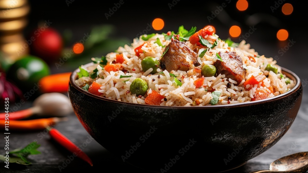 Lightly Spiced Pulao with Colorful Vegetables in Elegant Bowl Lightly Spiced Pulao with Colorful Vegetables in Elegant Bowl