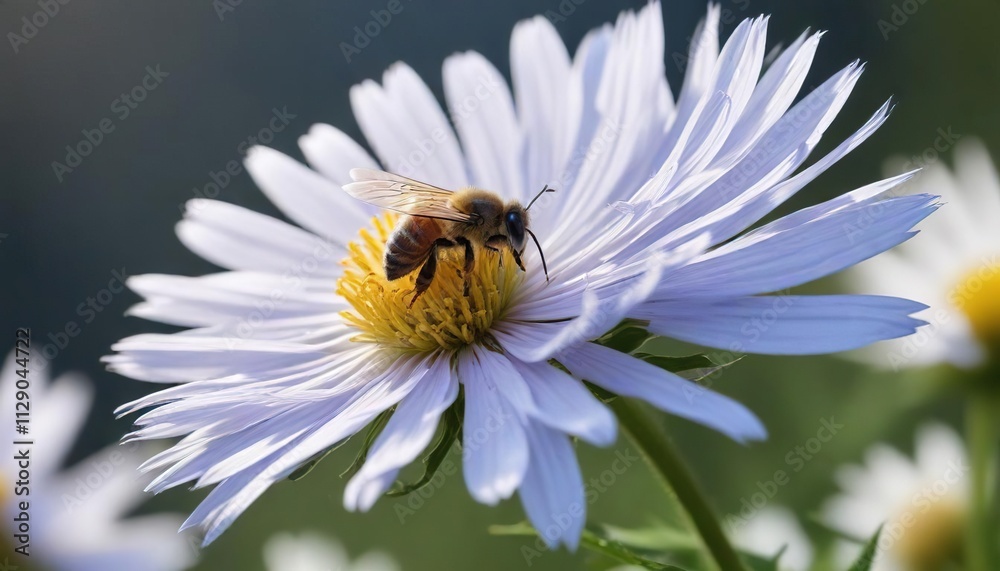 A lone honey bee perches on a white cornflower with delicate blue and yellow markings, natural beauty, wildflowers