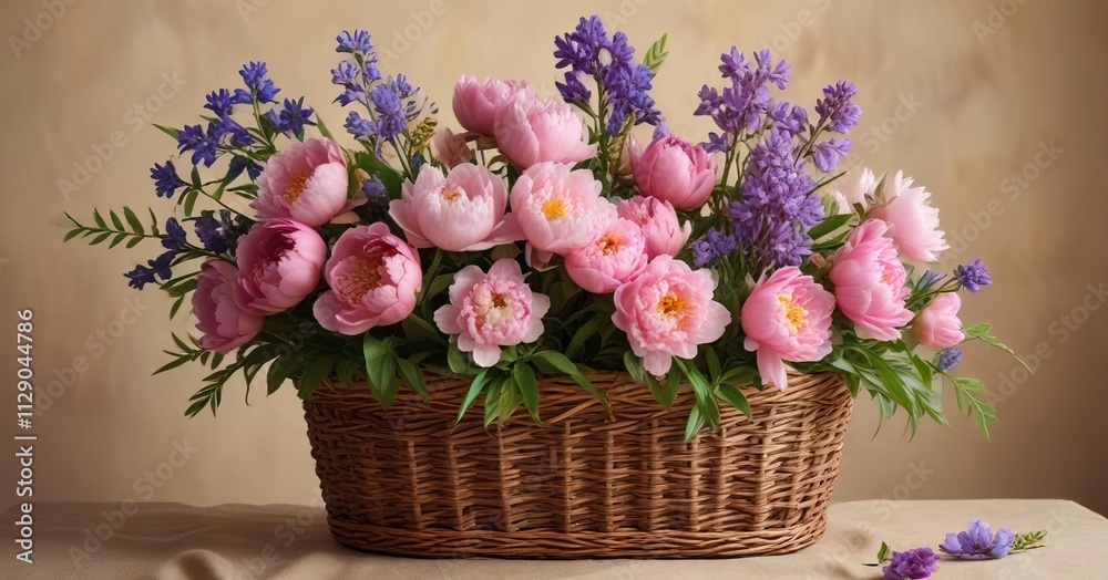 Large peonies, irises, and lupines arranged in a decorative wicker basket on a light brown background in soft blur, garden, wicker basket Large peonies, irises, and lupines arranged in a decorative wicker basket on a light brown background in soft blur, garden, wicker basket