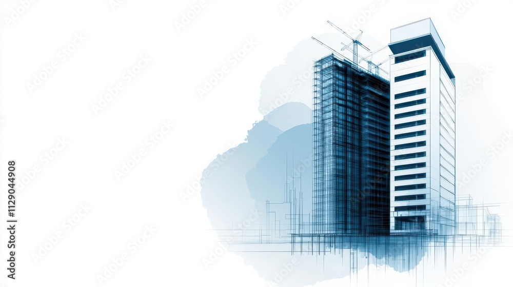 Highrise minimalist blueprint, modern architectural concept, detailed line work, clean and professional, urban skyline focus Highrise minimalist blueprint, modern architectural concept, detailed line work, clean and professional, urban skyline focus