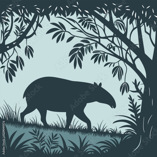 Silhouette of an anteater foraging among tropical plants Silhouette of a Giant Anteater Foraging Among Lush Tropical Plants