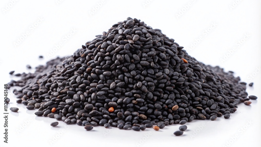 Long Exposure of a Pile of Black Sesame Seeds Isolated on White Background, Capturing the Texture and Detail for Culinary and Health Applications Long Exposure of a Pile of Black Sesame Seeds Isolated on White Background, Capturing the Texture and Detail for Culinary and Health Applications